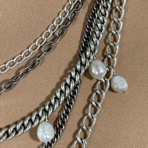 Stella & Dot Avery Tiered Necklace Freshwater Pearl Silver Tone Chain - Picture 2 of 6